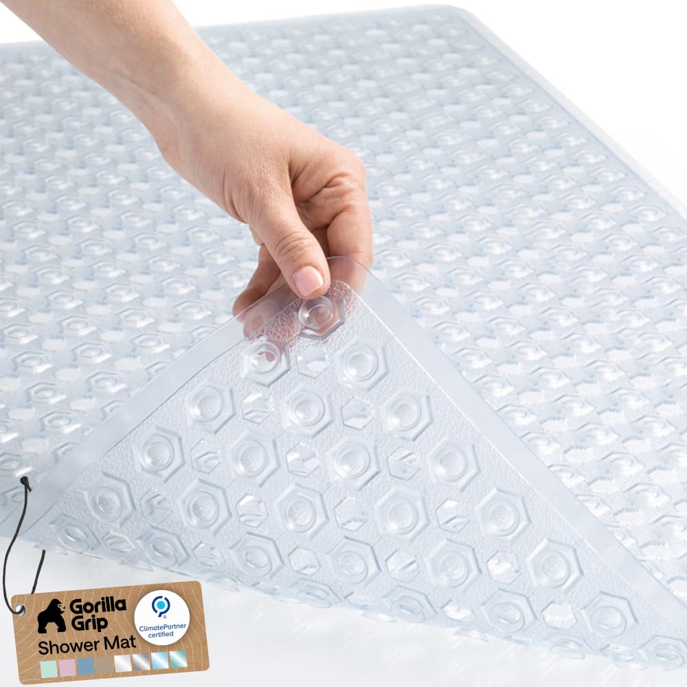 GORILLA GRIP patented bath tub mat in clear with stable suction for tub safety.