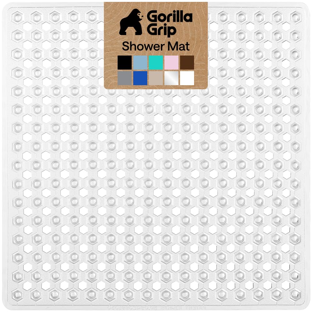 GORILLA GRIP patented square shower mat with strong suction cups for secure placement.