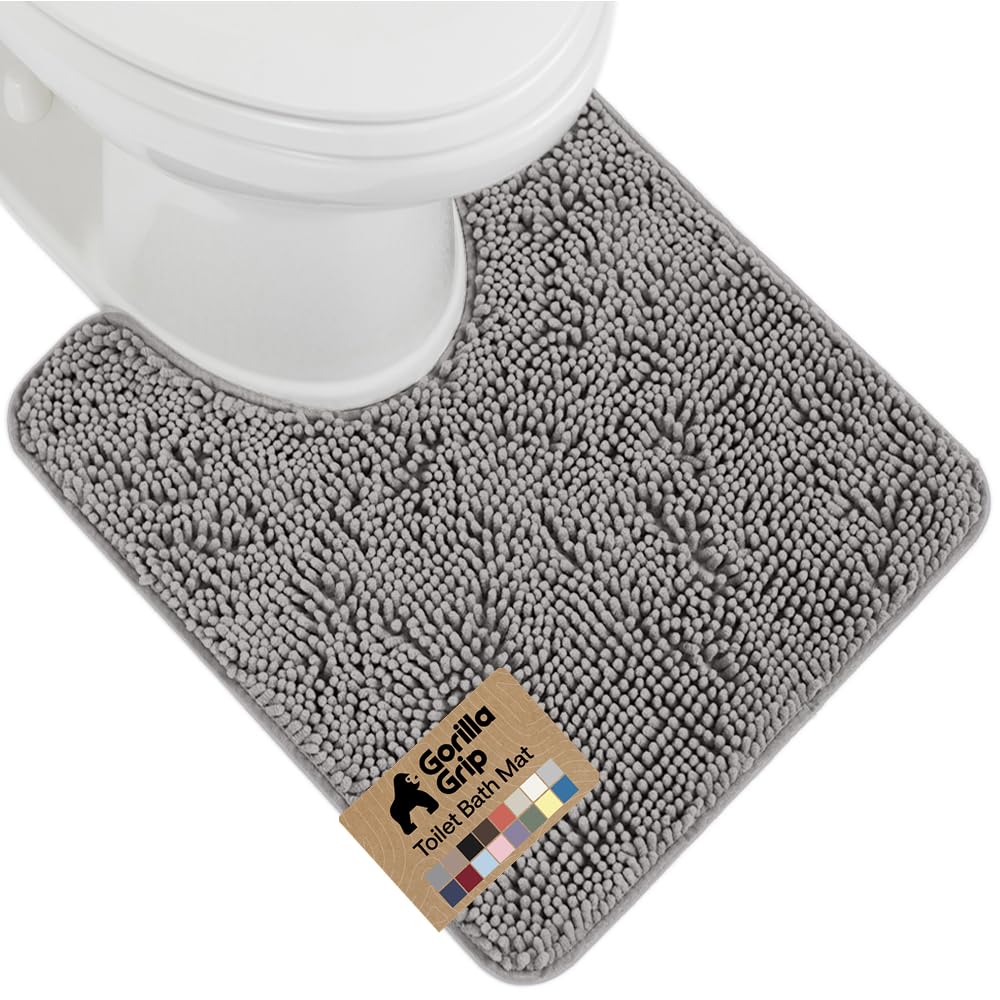 Gorilla Grip plush bath rug around oval toilet base for cozy, dry floors