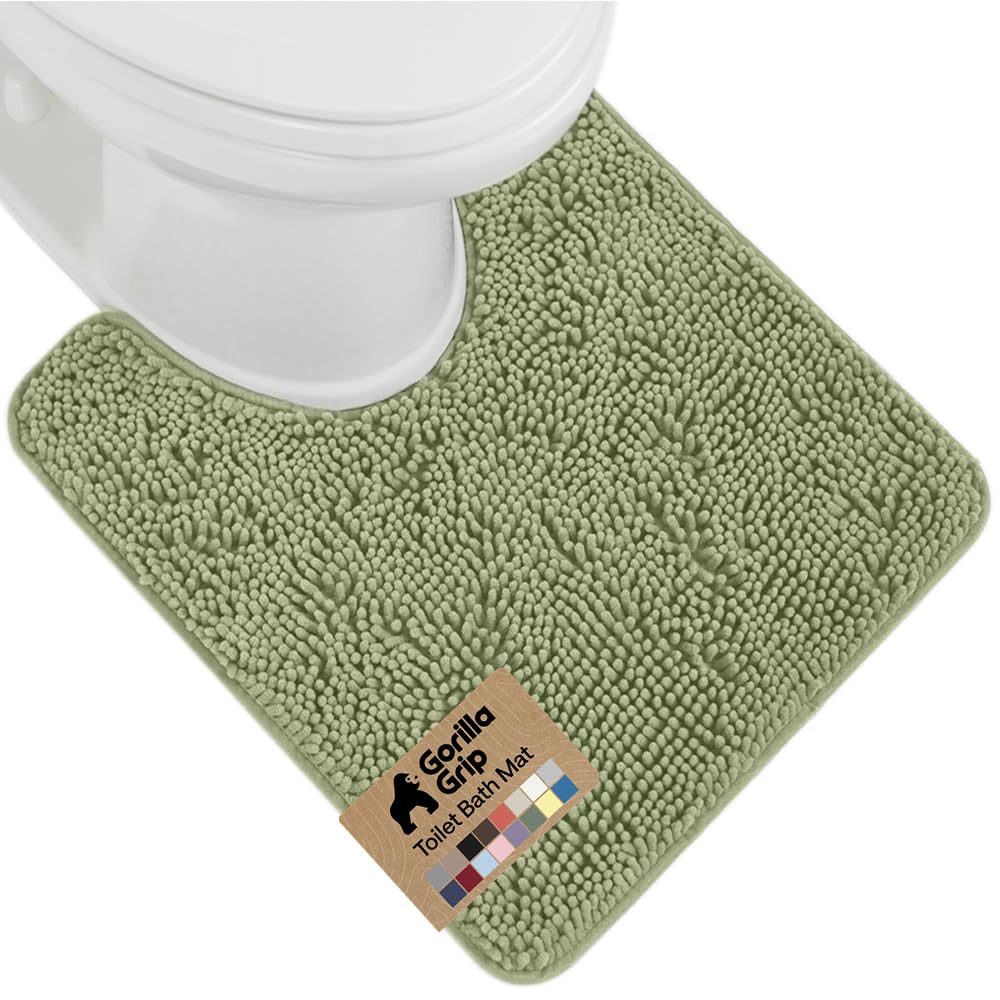 Gorilla Grip plush chenille bath rug contours around oval toilet base with soft absorbent comfort
