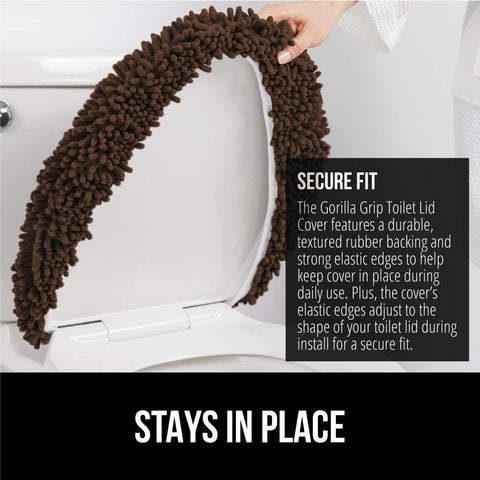 GORILLA GRIP chenille lid cover with elastic edges fits most lids.