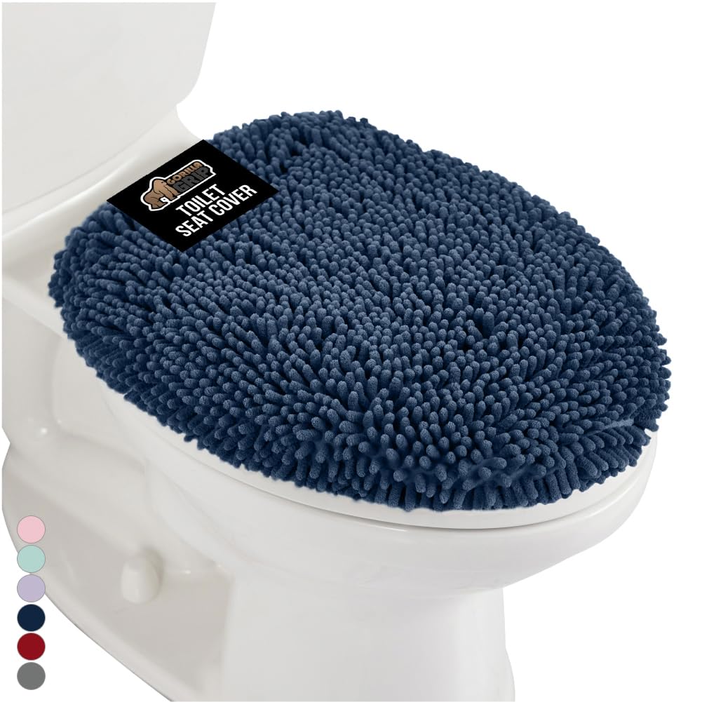 GORILLA GRIP soft chenille toilet lid cover in navy, plush comfort and lid protection.