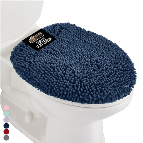 GORILLA GRIP soft chenille toilet lid cover in navy, plush comfort and lid protection.