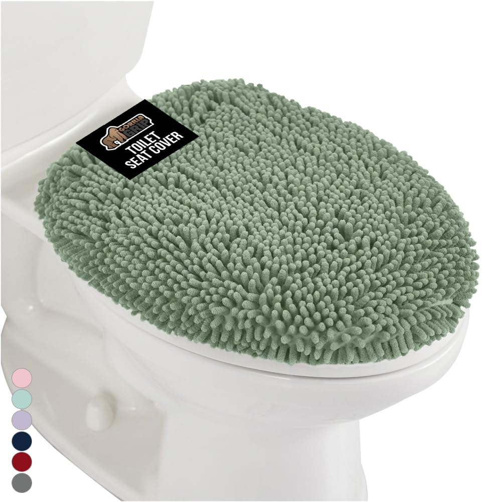 GORILLA GRIP soft chenille toilet lid cover sage green close-up texture highlighting plush comfort