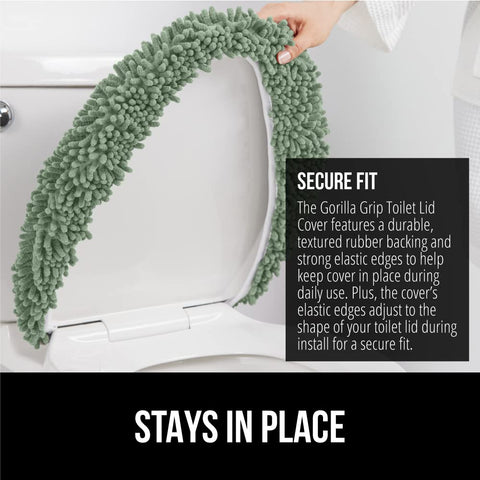GORILLA GRIP chenille lid cover fitting a round toilet lid in sage green