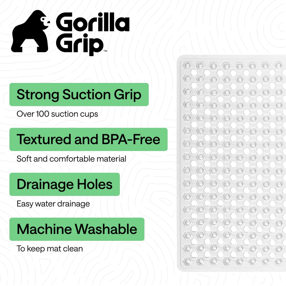 GORILLA GRIP square mat shows drainage holes for quick water flow to the drain.