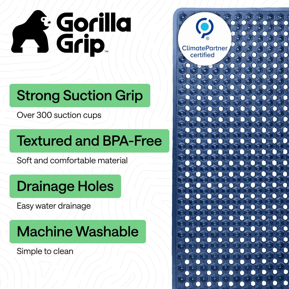 GORILLA GRIP suction cups and drain holes promote secure grip and water flow under the mat.