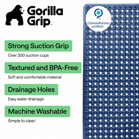 GORILLA GRIP suction cups and drain holes promote secure grip and water flow under the mat.