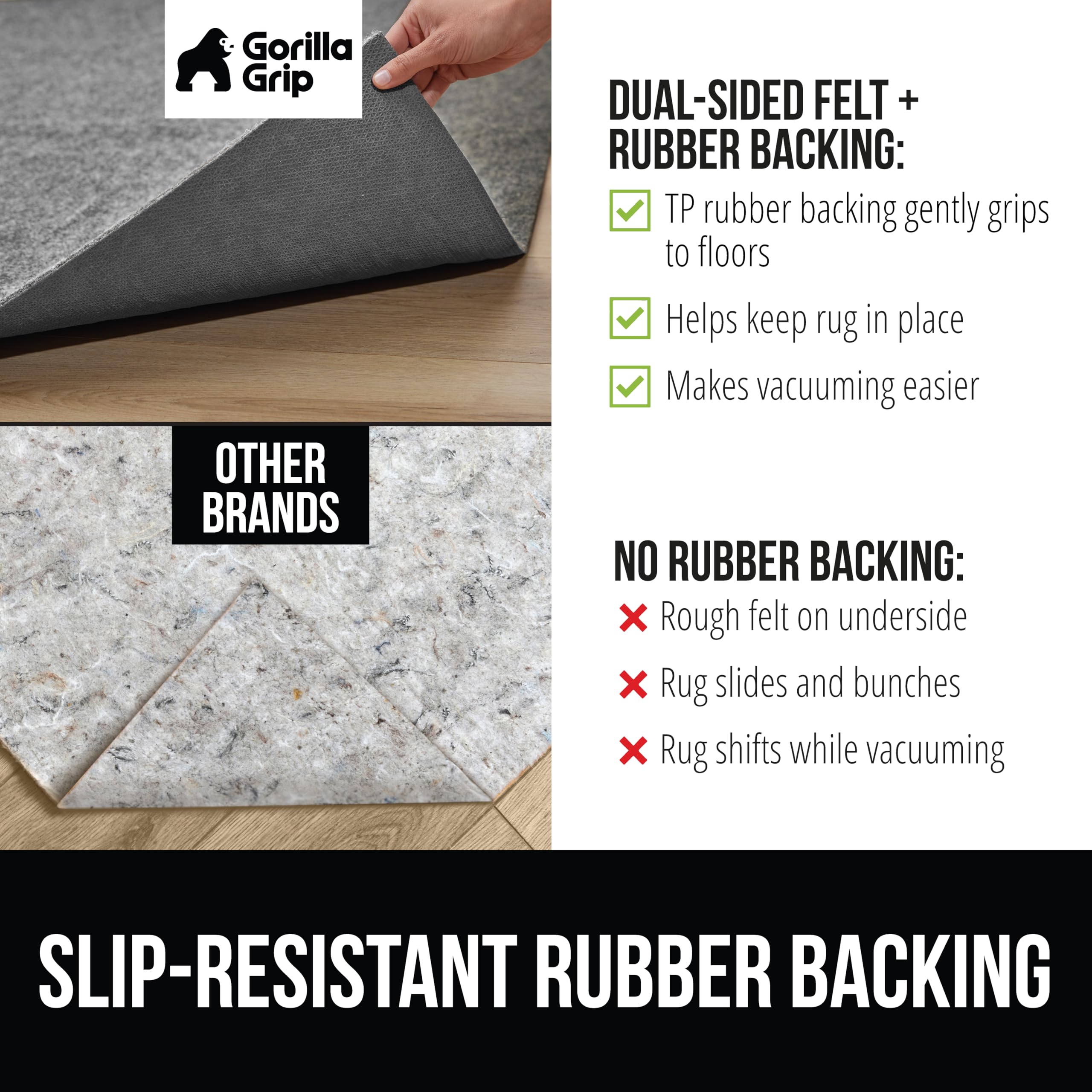 Gorilla Grip textured rubber bottom prevents rug bunching in high traffic areas.
