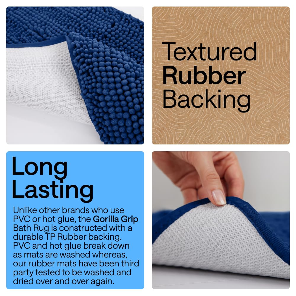 Gorilla Grip bath rug with TP rubber backing resists wear through washing.