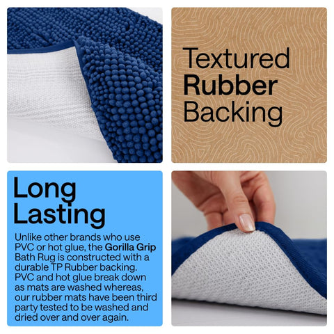Gorilla Grip bath rug with TP rubber backing resists wear through washing.