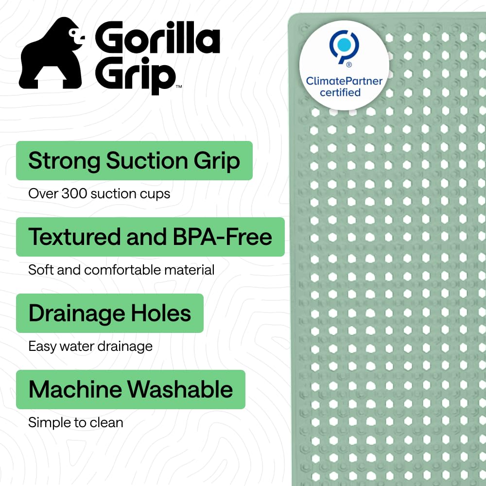 GORILLA GRIP drainage holes channel moisture toward the drain for quick drying.