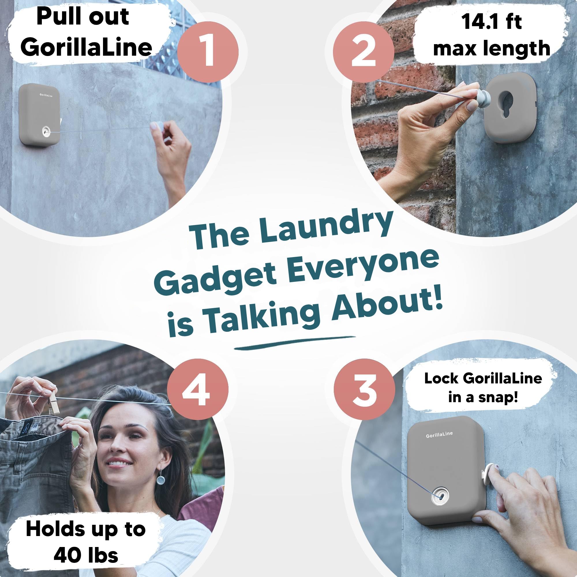 GorillaLine outdoor in-use clothesline demonstrating space-saving lifestyle