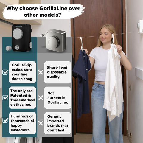 GorillaLine Max indoor outdoor solution fits bathrooms and balconies.