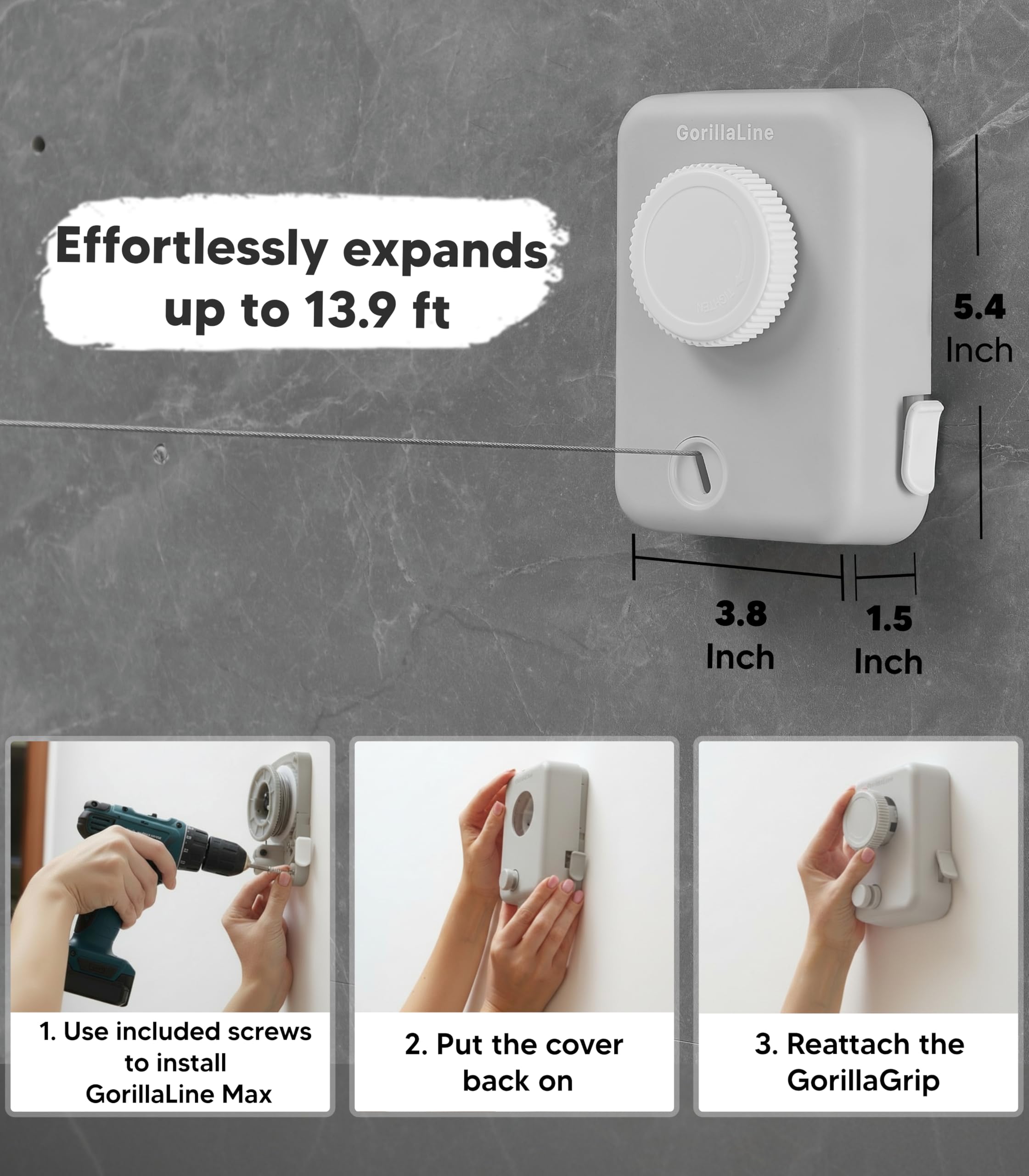 GorillaLine Max indoor outdoor use fits apartments and balconies with wall mounting.