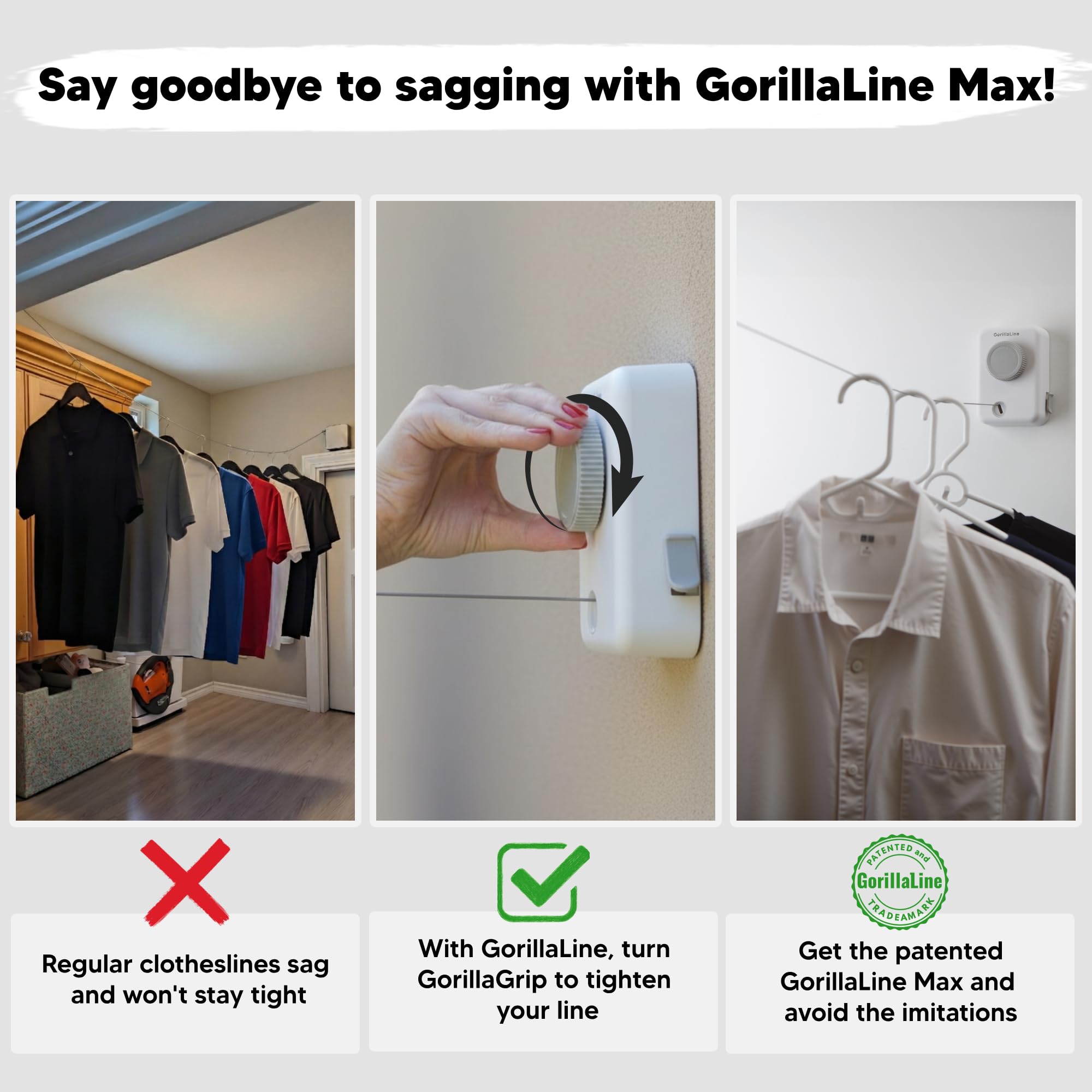 GorillaLine Max non-sagging line tightener maintains taut clothesline.