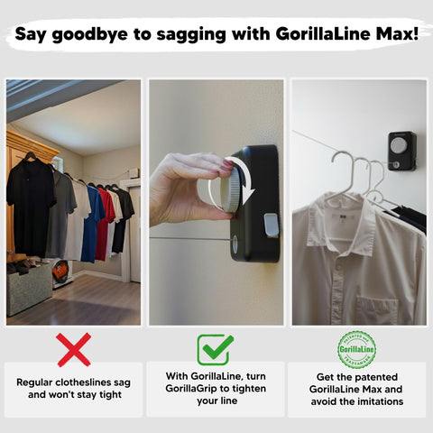 GorillaLine Max non-sagging tightener keeps the line taut with heavy garments.