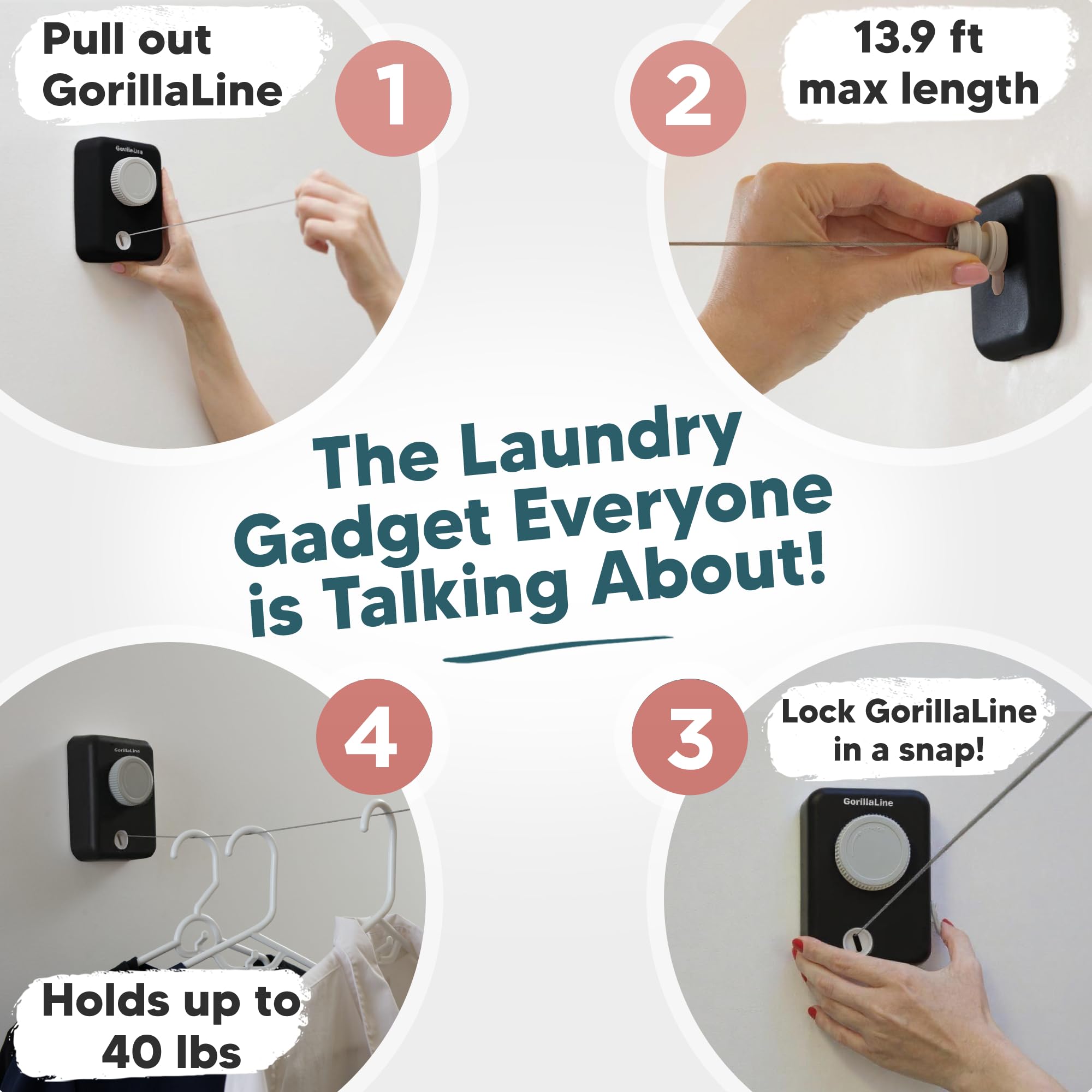 GorillaLine Max retractable clothesline extended for laundry in small spaces.