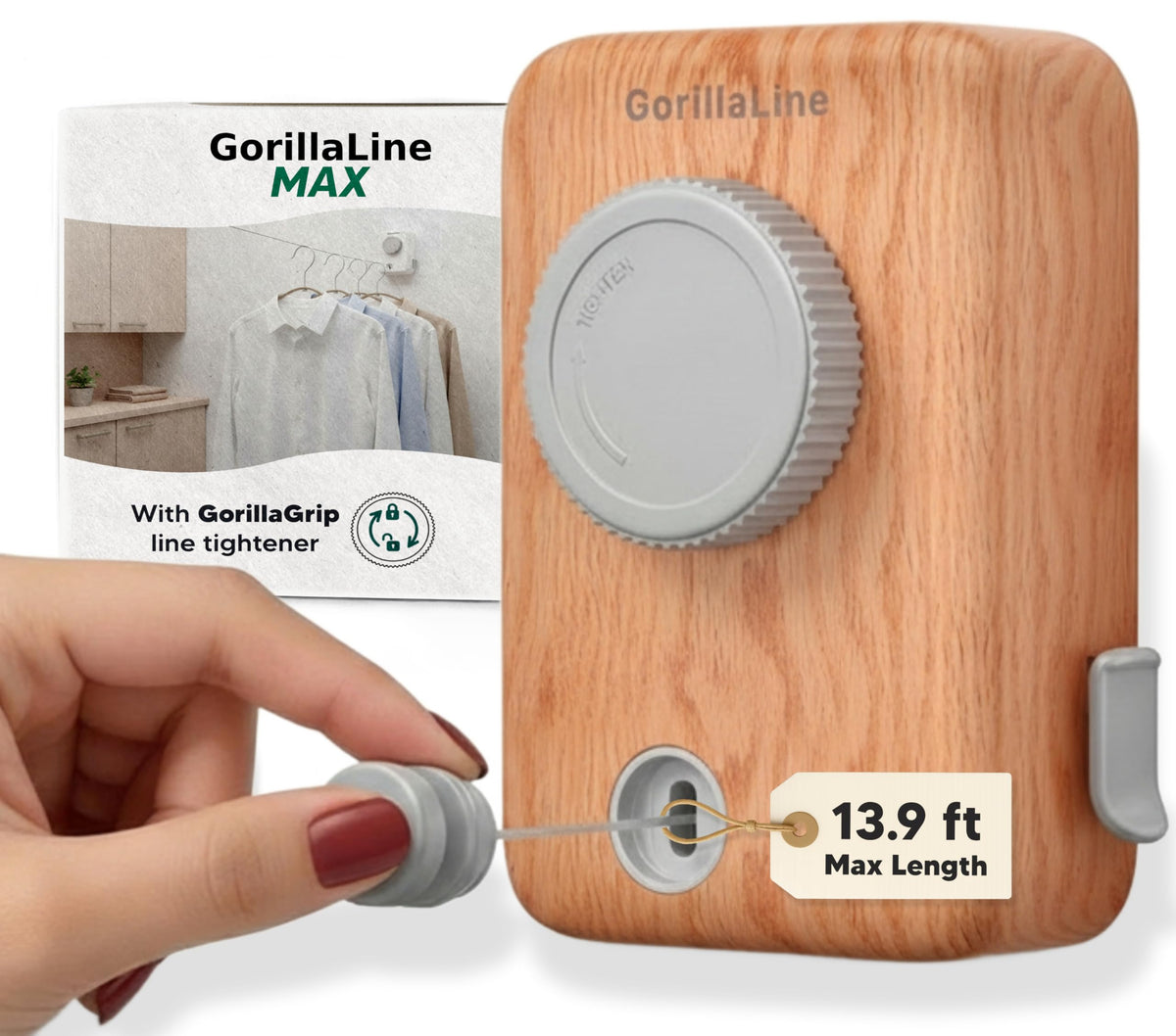 GorillaLine Max retractable wall-mount clothesline in use for indoor drying