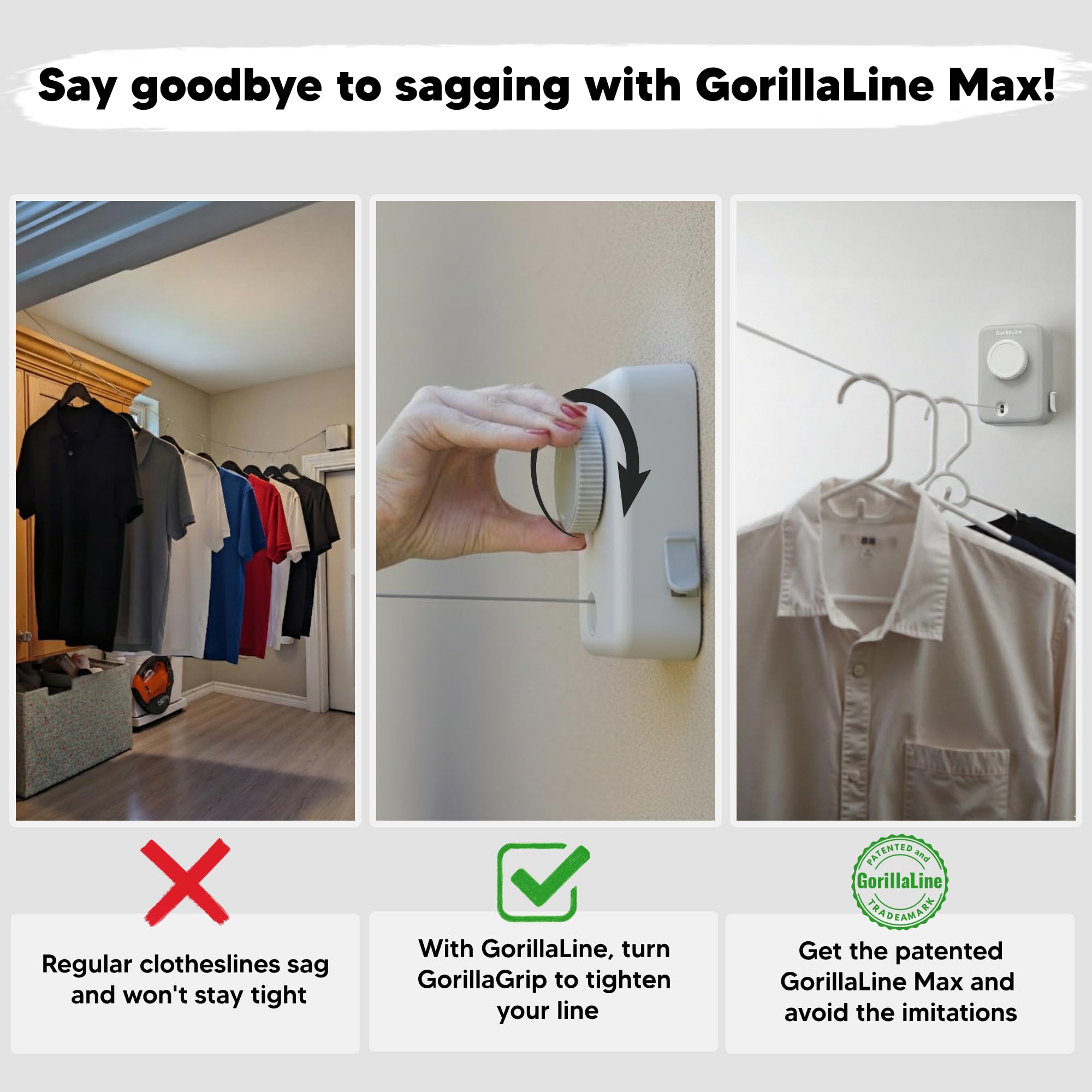 GorillaLine Max taut line tightener maintains clothesline firmness for heavy loads.