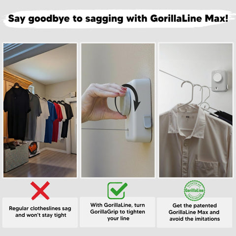 GorillaLine Max taut line tightener maintains clothesline firmness for heavy loads.