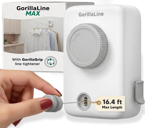GorillaLine Max wall-mounted retractable clothesline in stainless housing for tidy laundry spaces.