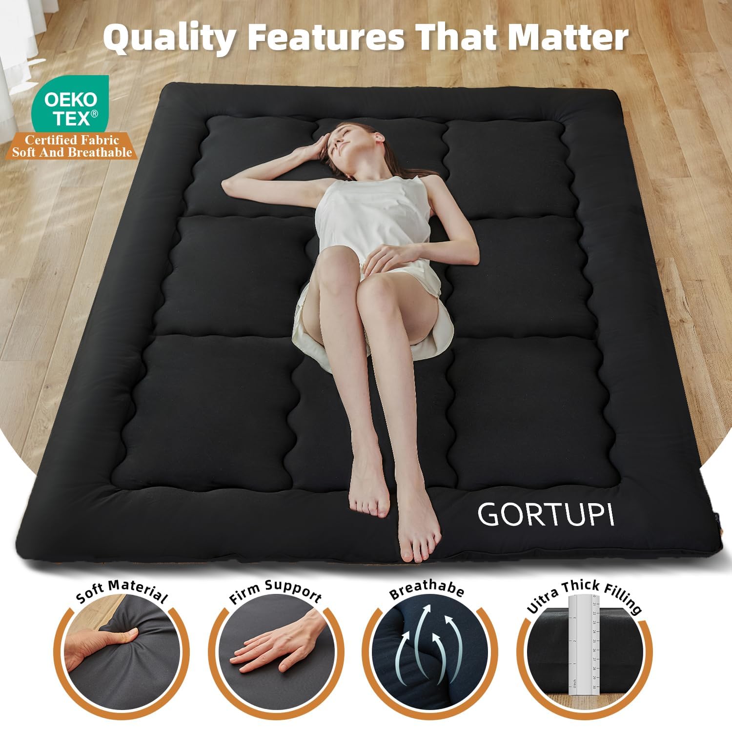 GORTUPI mattress rolled beside storage bag highlights travel-ready convenience