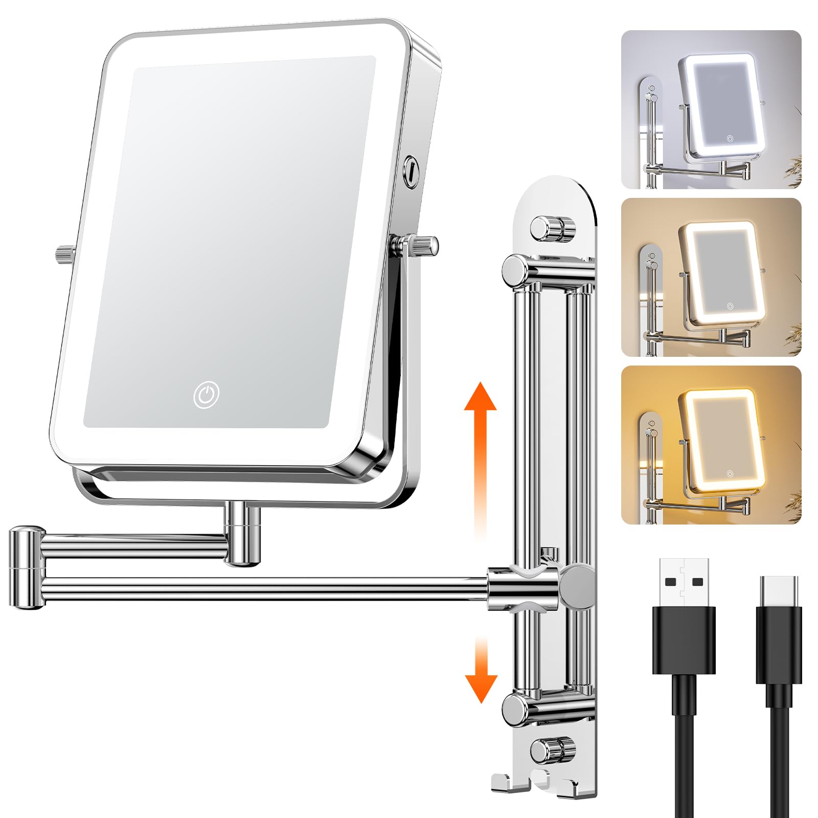 Gospire height-adjustable wall mirror front view with LED lighting for precise makeup prep.
