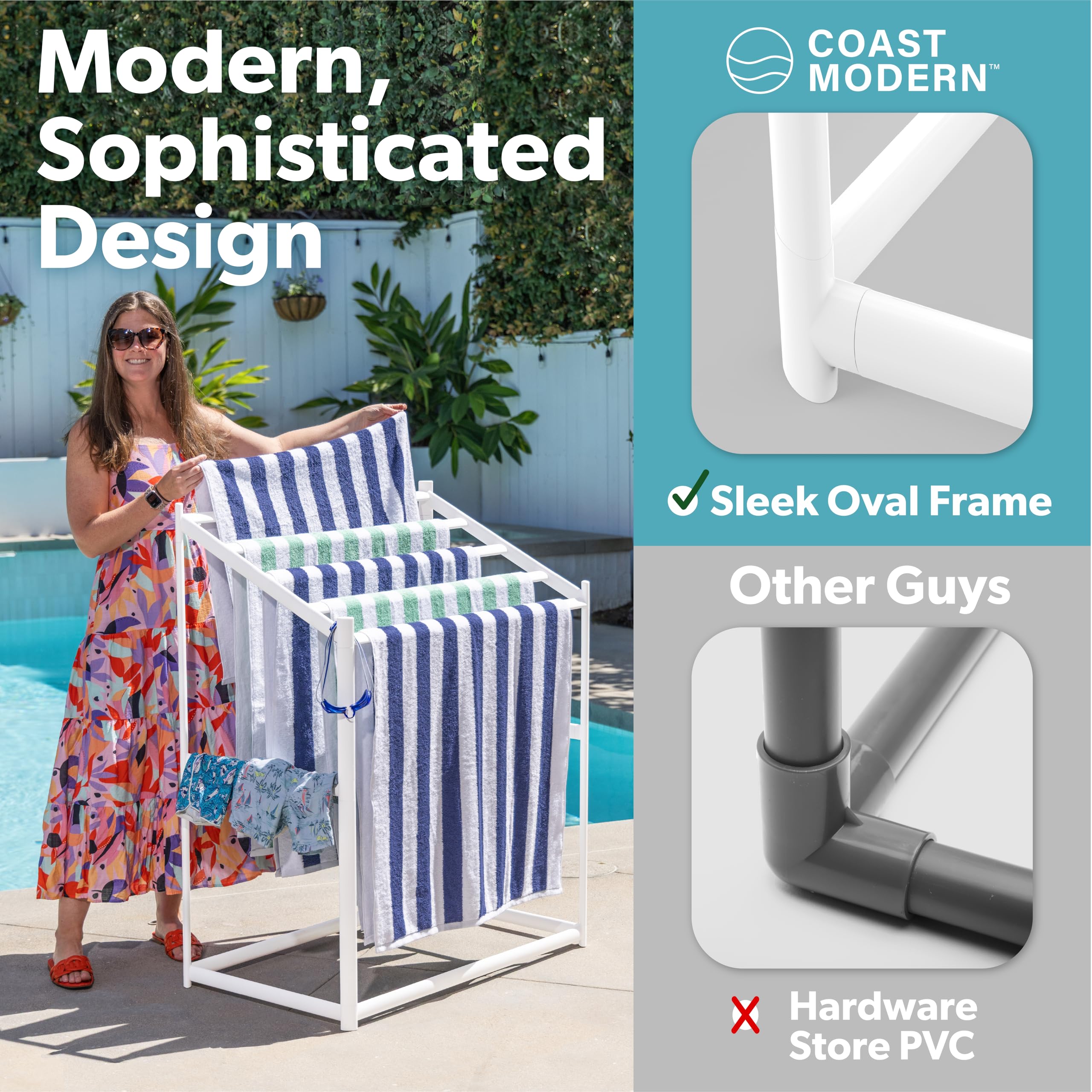 GoSports outdoor rack resists sun and water for year-round pool area use.