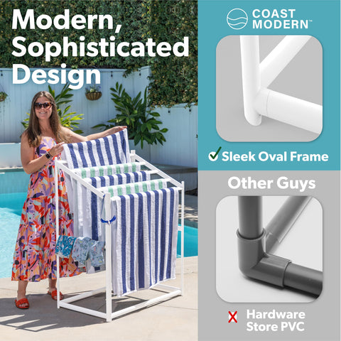 GoSports outdoor rack resists sun and water for year-round pool area use.
