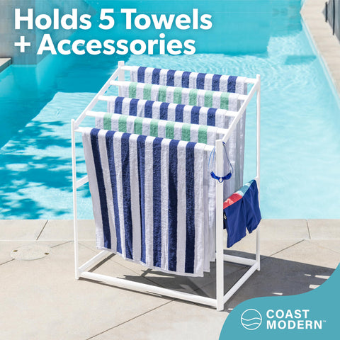 GoSports 5-tier rack stores towels, goggles, and swimwear for quick poolside access.