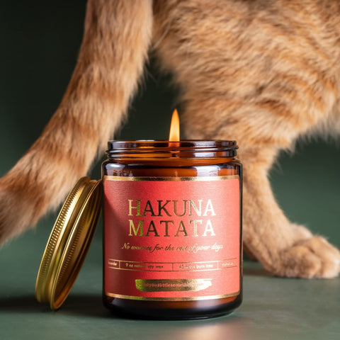 Hakuna Matata candle jar close-up with cotton wick.