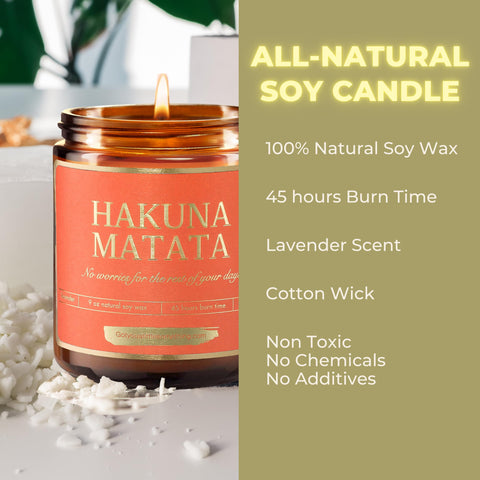 Hakuna Matata candle lit to create cozy ambiance.