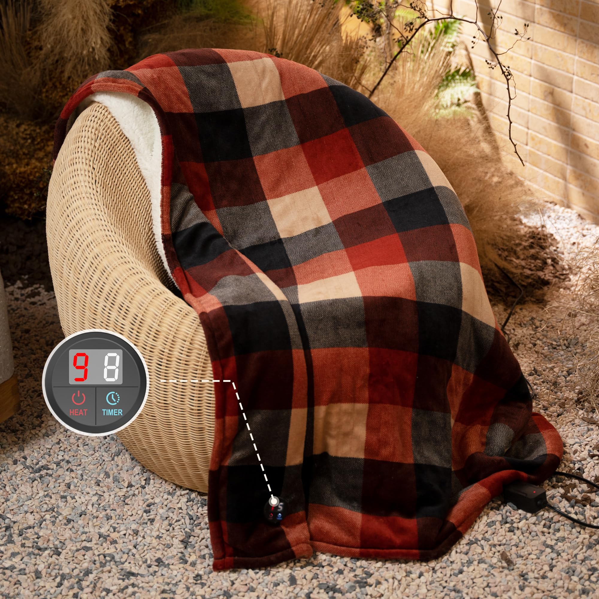 GOTCOZY heated throw with built-in remote for quick warmth adjustment.