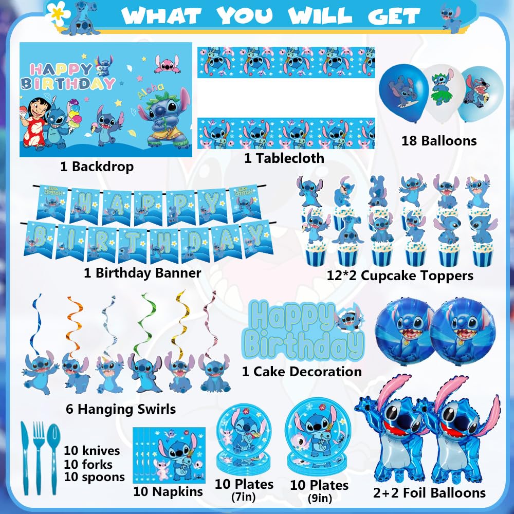 GOTOFUN blue stitch happy birthday banner brightens the party focal point.