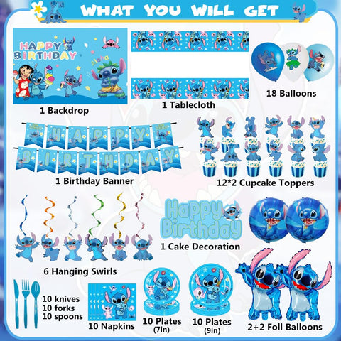 GOTOFUN blue stitch happy birthday banner brightens the party focal point.