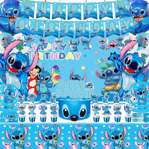 GOTOFUN blue stitch theme backdrop for a kawaii birthday photo setup.