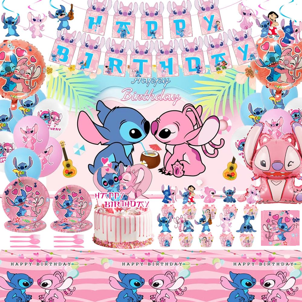 GOTOFUN pink cartoon banner provides a cute birthday photo backdrop for Stitch fans.
