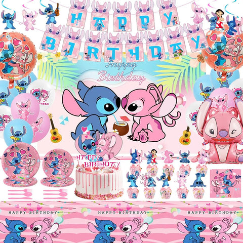 GOTOFUN pink cartoon banner provides a cute birthday photo backdrop for Stitch fans.