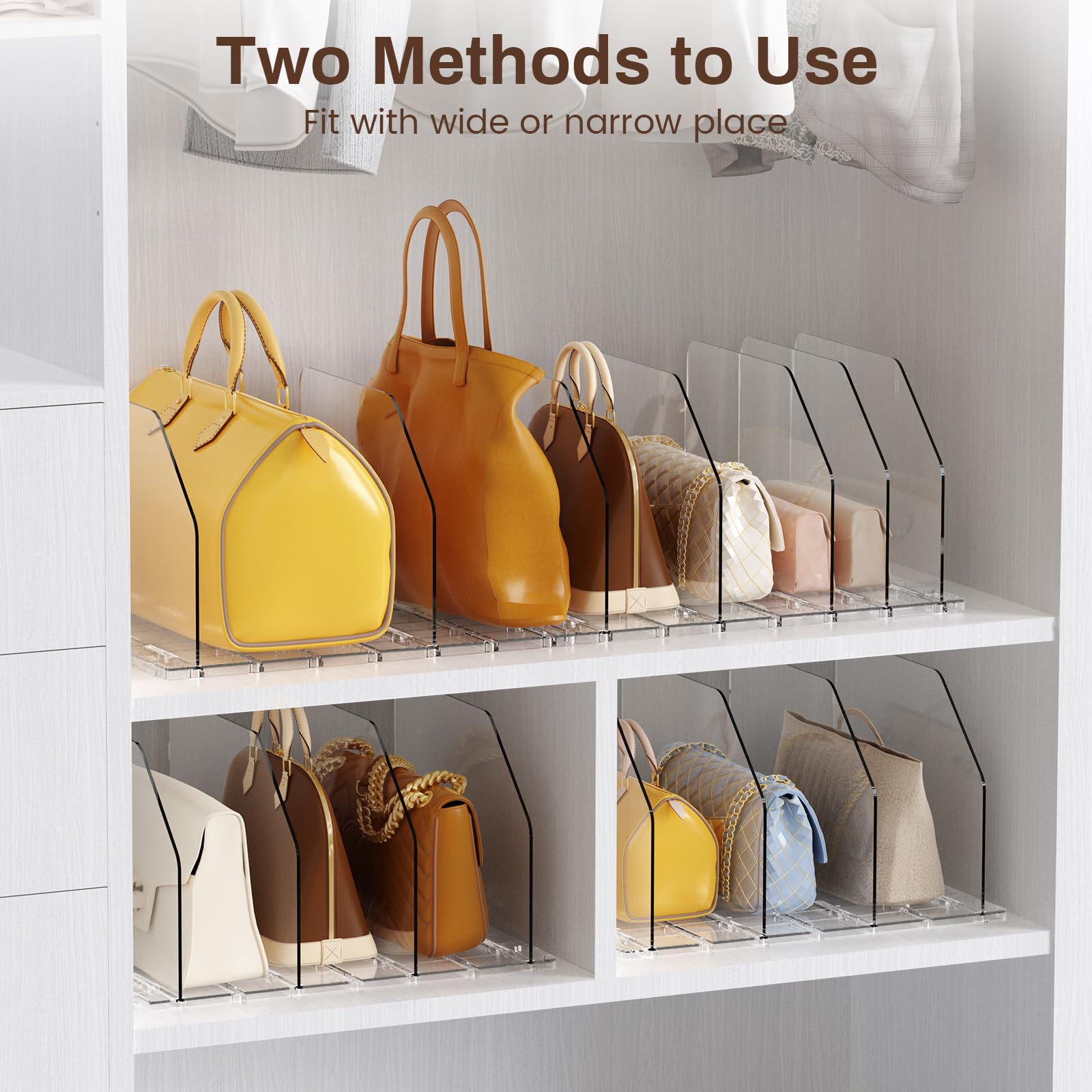 Adjustable dividers customize space for different bag sizes with ease.