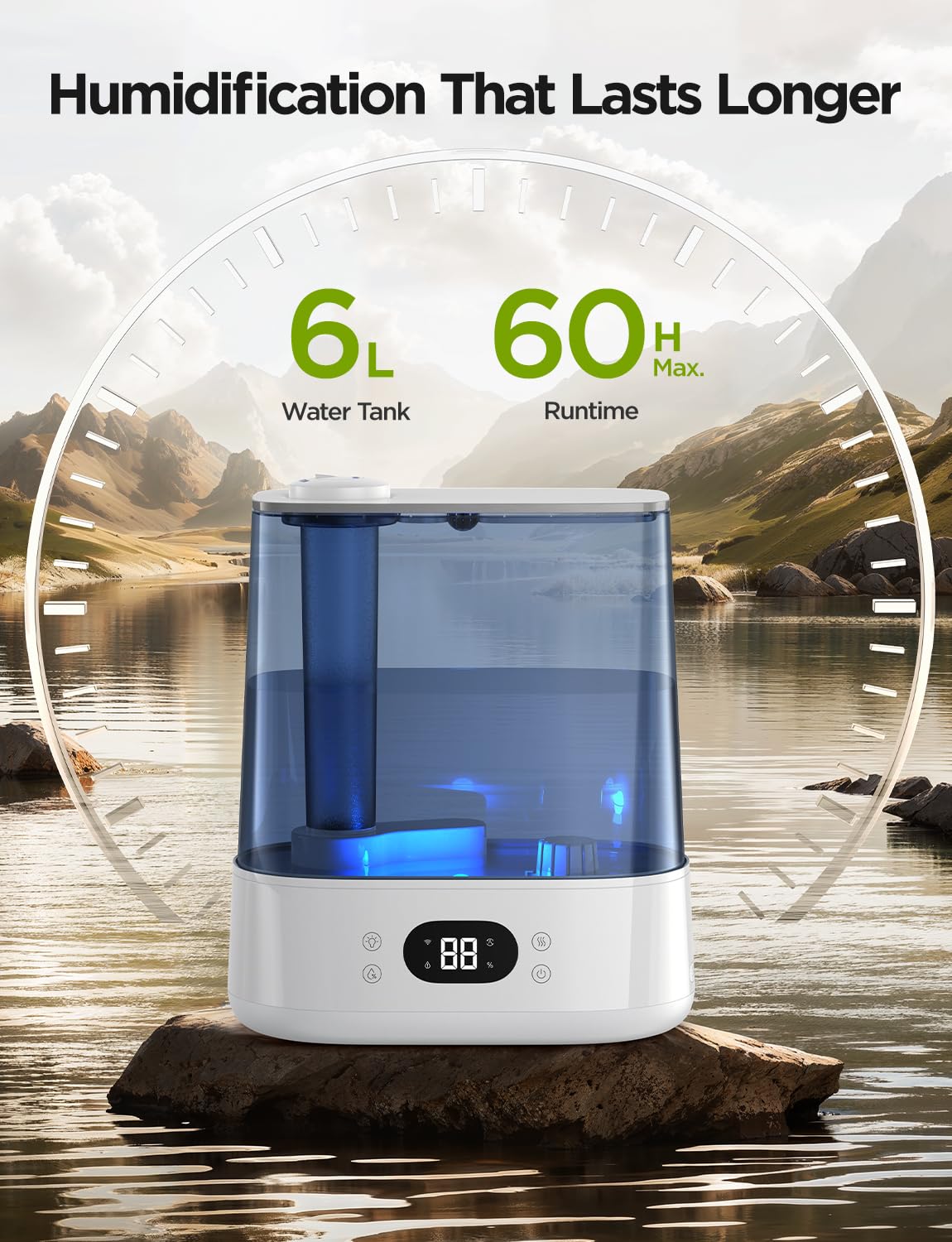 GoveeLife 360° nozzle directs mist to any corner of the room.