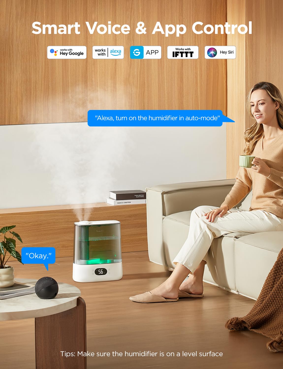 GoveeLife auto-mode sensor maintains balanced humidity automatically for comfort.