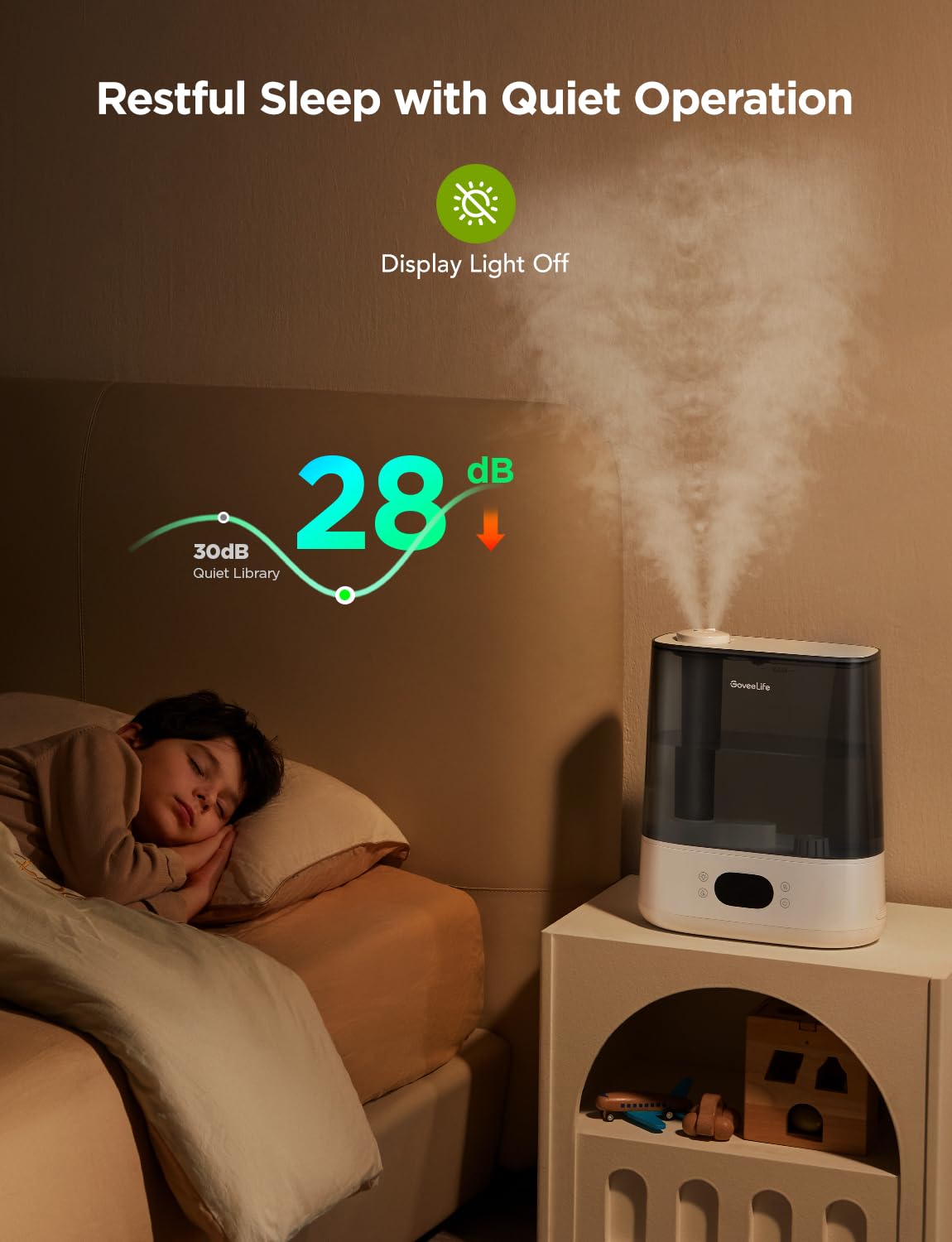 GoveeLife RGB night light adds ambiance to a soothing bedroom atmosphere.