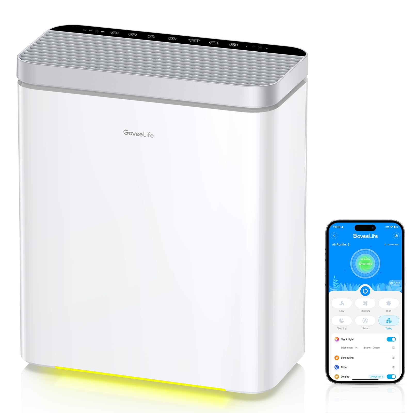 GoveeLife smart air purifier front view for clean air in large rooms