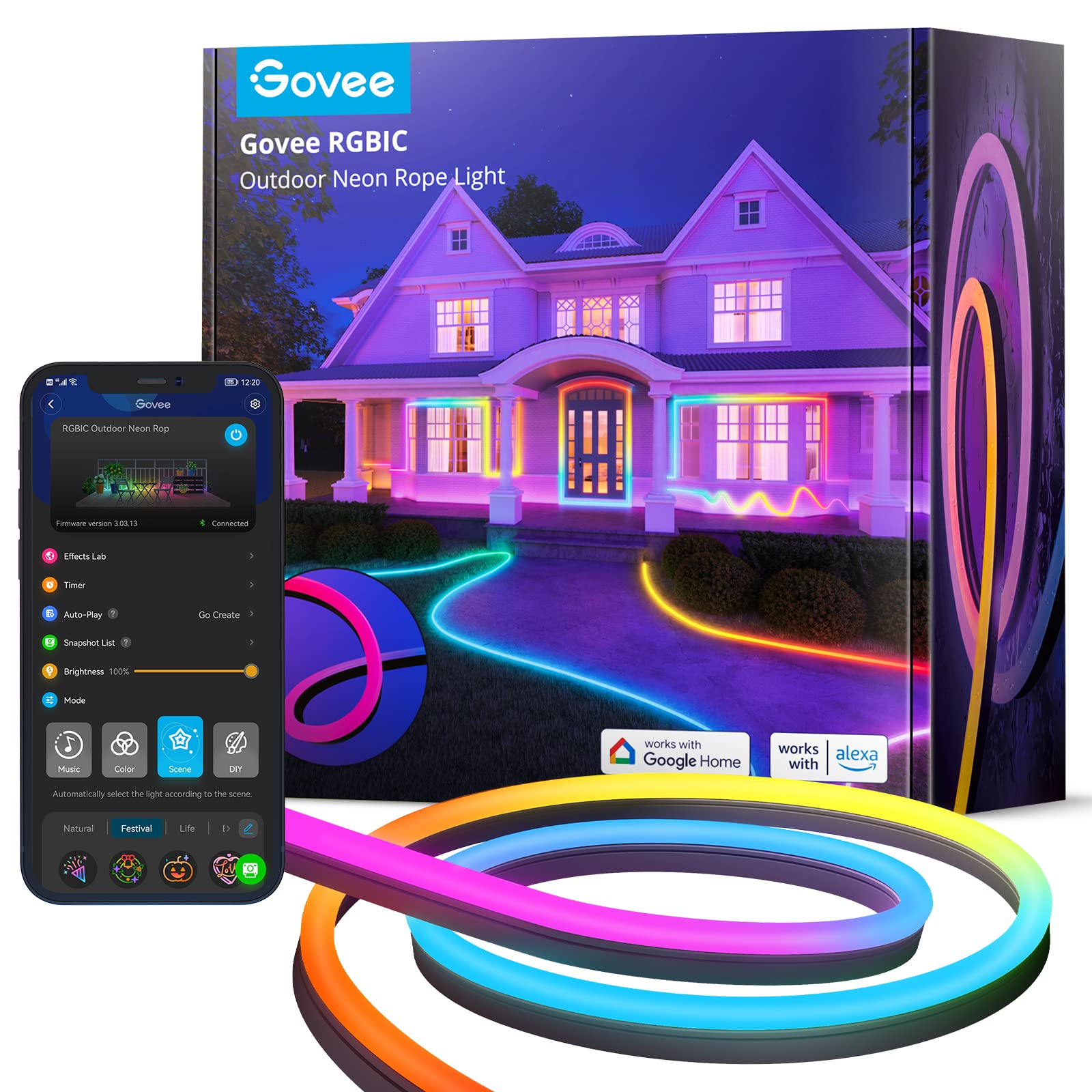 Govee outdoor neon rope light stretched for wide yard illumination and flexible patterns.