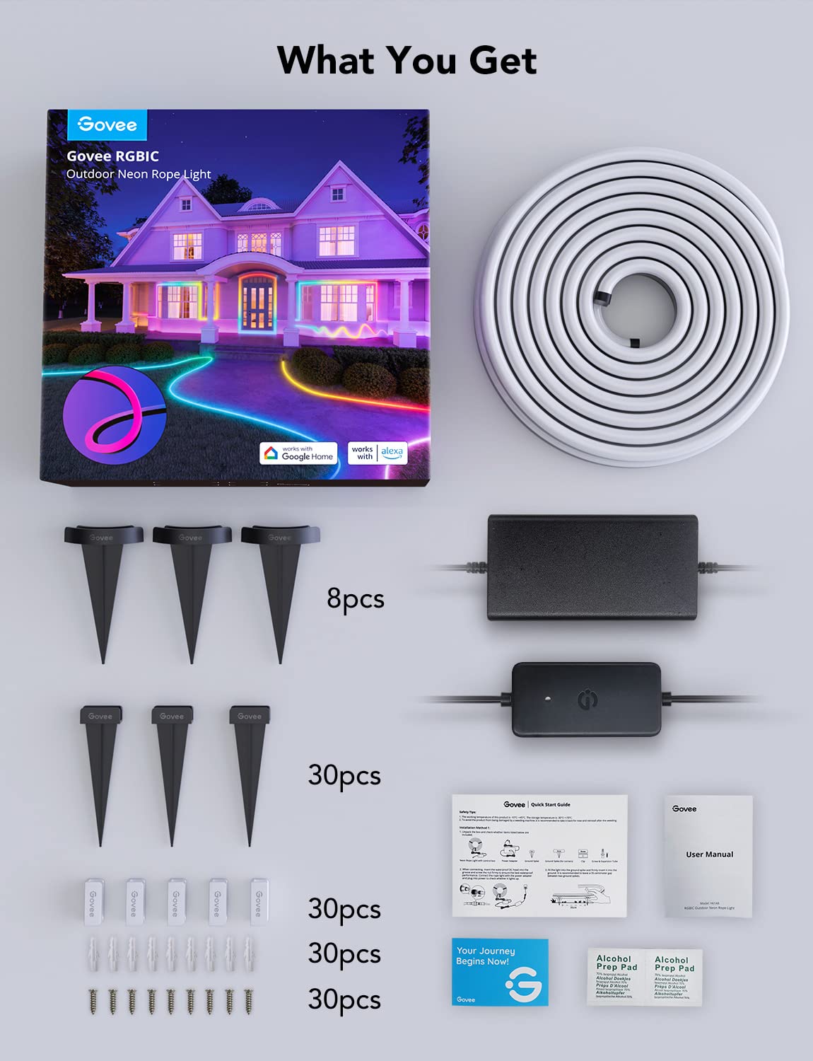 Govee installation kit with clips and screws for easy setup.