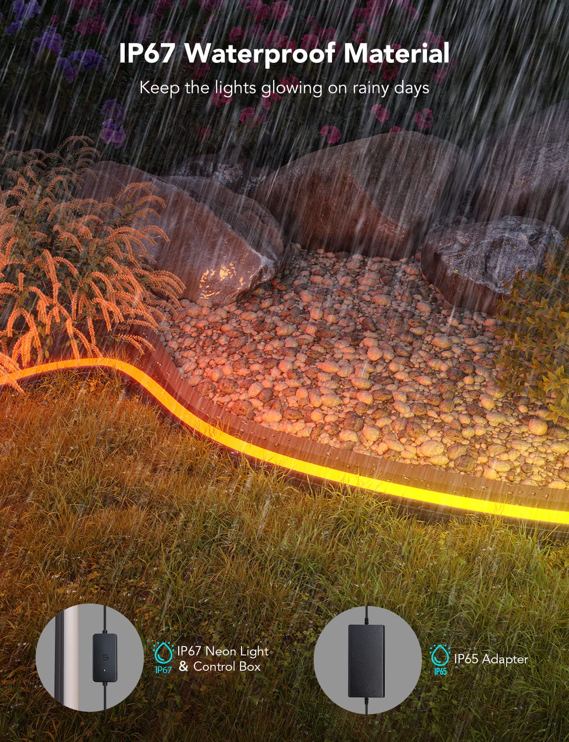 Govee rope light creates yard party ambience and garden glow.