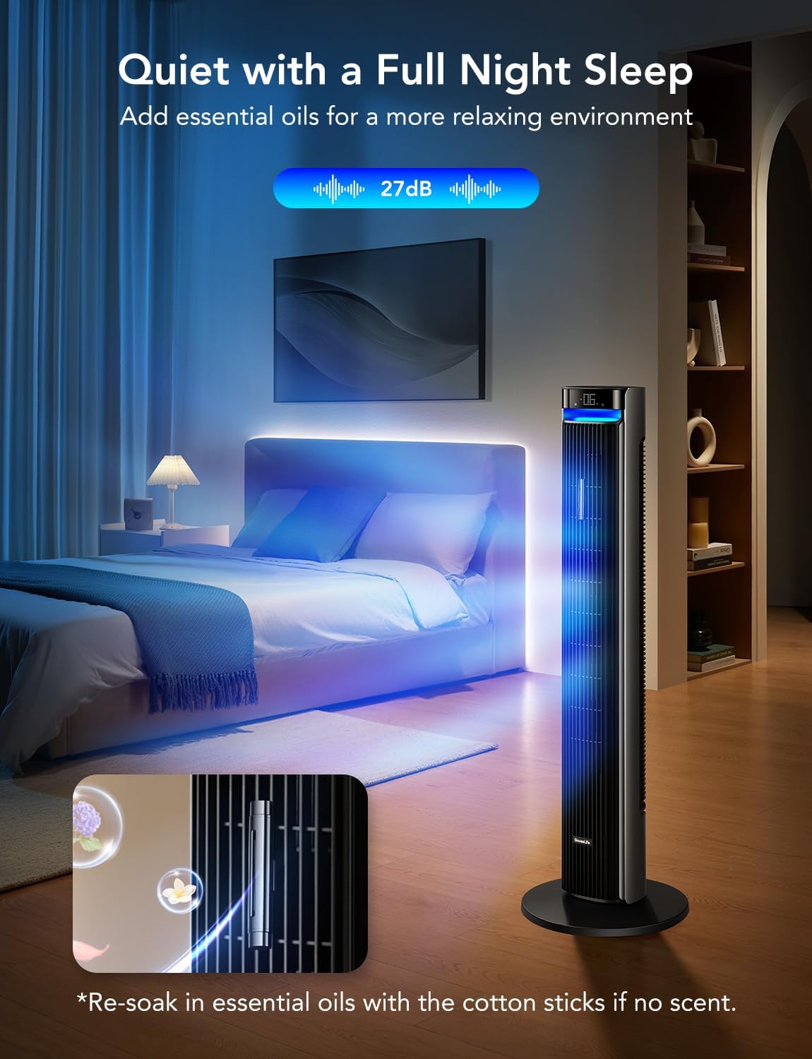 GoveeLife 42-inch tower fan ambient light creates a soothing sleep ambiance.