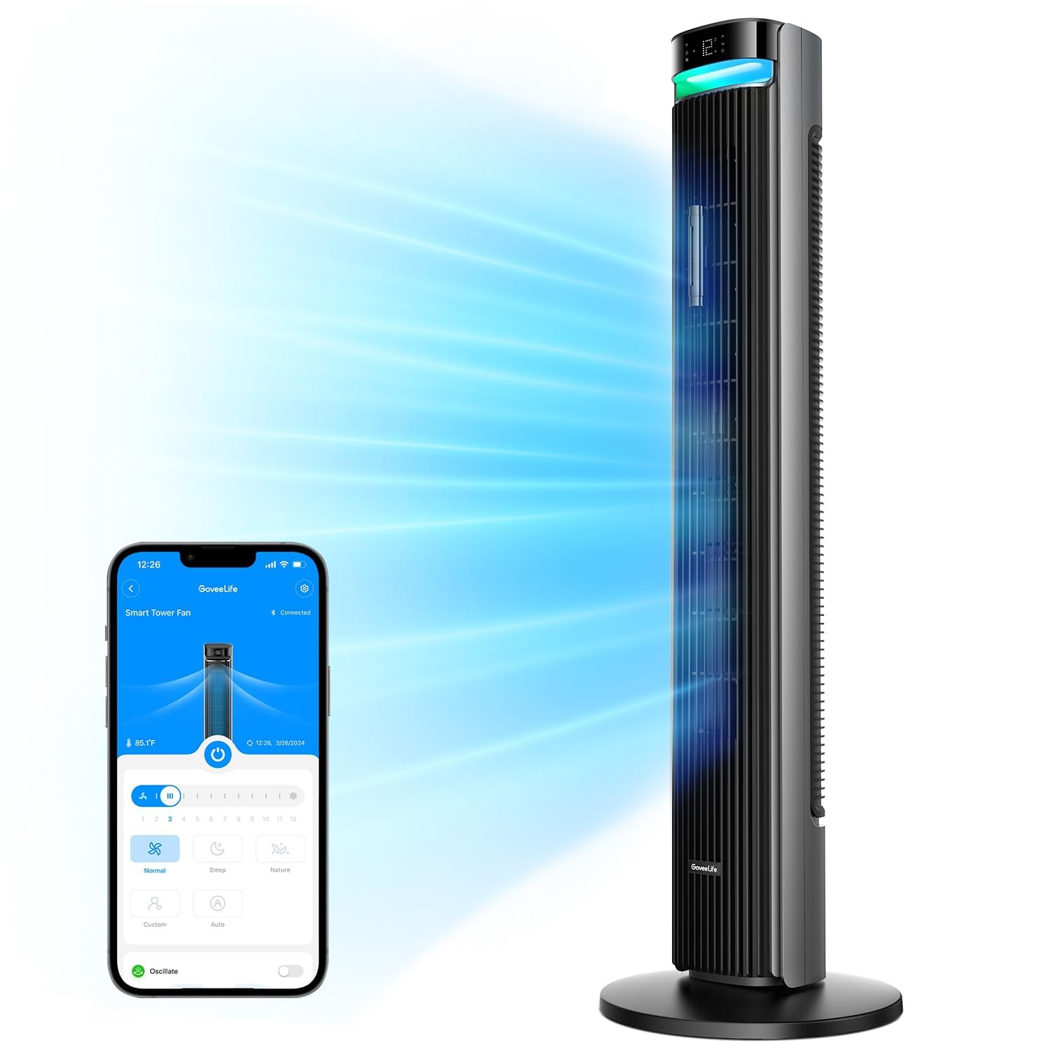 GoveeLife 42-inch tower fan front view with powerful airflow for cooling bedrooms.