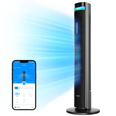 GoveeLife 42-inch tower fan front view with powerful airflow for cooling bedrooms.